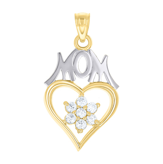 10K Gold Two-Tone Cubic-Zirconia Womens Heart Flower Mom Charm Pendant