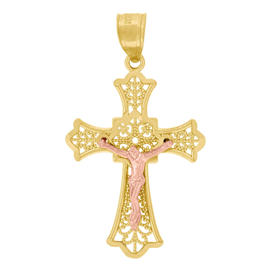 10K Gold Two-Tone Diamond-Cut Unisex Cross Crucifix Religious Charm Pendant