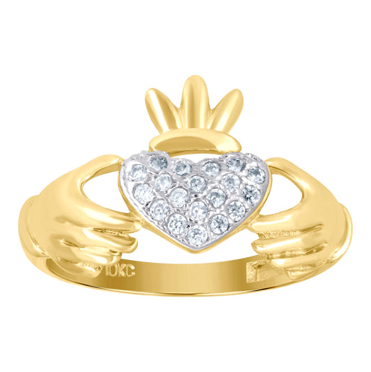10K Two-Tone Gold Womens Cubic Zirconia Claddagh Ring