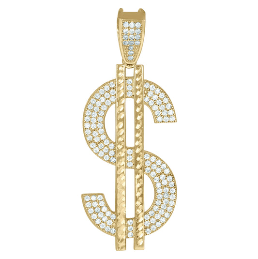 10K Two-Tone Gold Mens Cubic-Zirconia Gambling Dollar Sign Charm Pendant