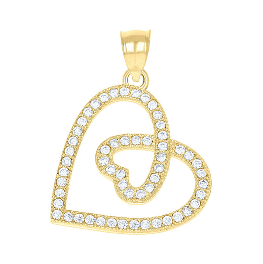 10K Two-Tone Gold Womens Cubic Zirconia Cubic-Zirconia Double Hearts Love Charm Pendant