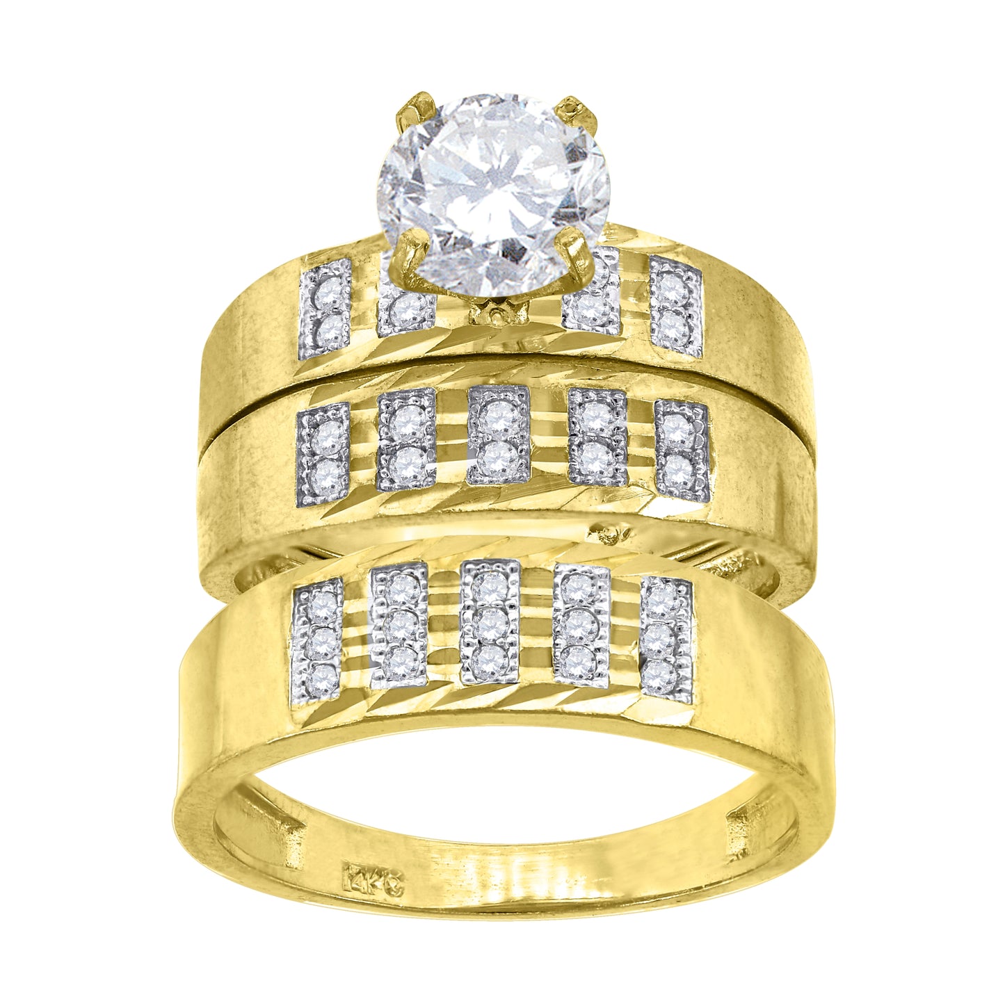 14K Gold Womens Two-Tone Diamond-Cut Cubic-Zirconia Trio His Hers Center Stone Wedding Bridal Set Ring