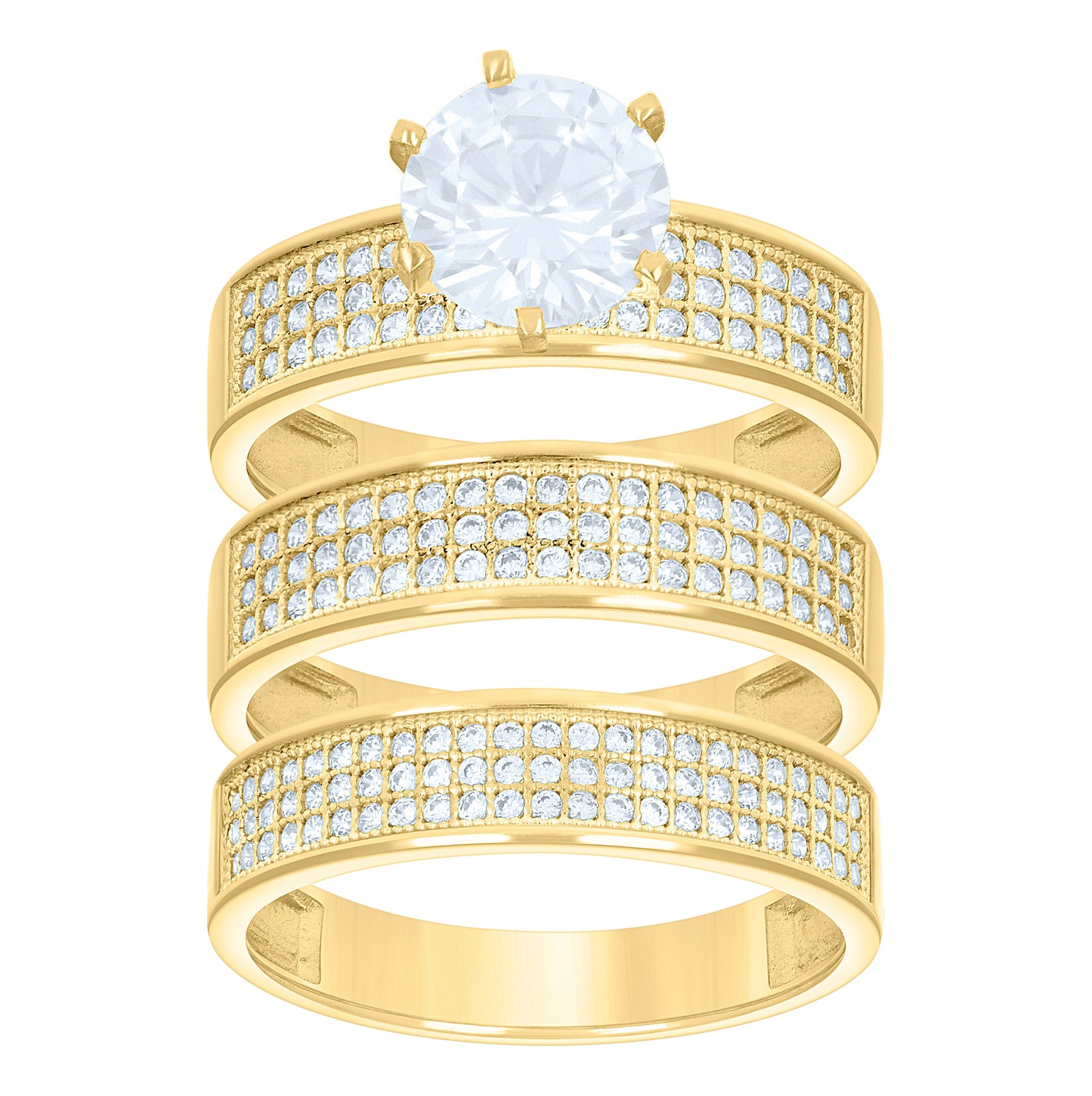 14K Gold Womens Two-Tone Cubic-Zirconia Trio His Hers 3 Rows Center Stone Wedding Engagement Bridal Set Ring