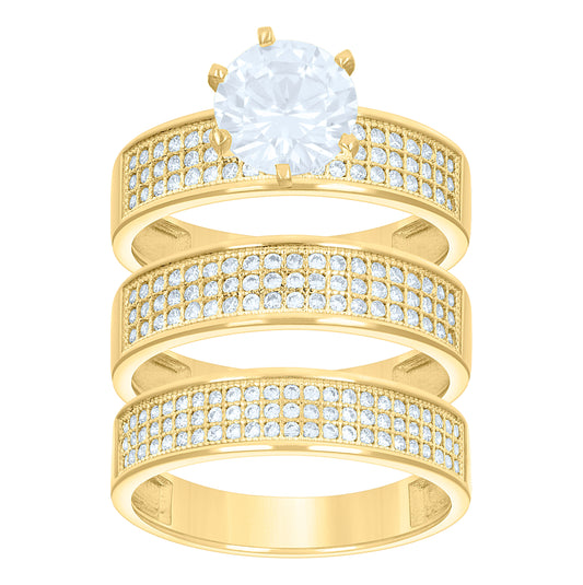14K Gold Womens Two-Tone Cubic-Zirconia Trio His Hers 3 Rows Center Stone Wedding Engagement Bridal Set Ring