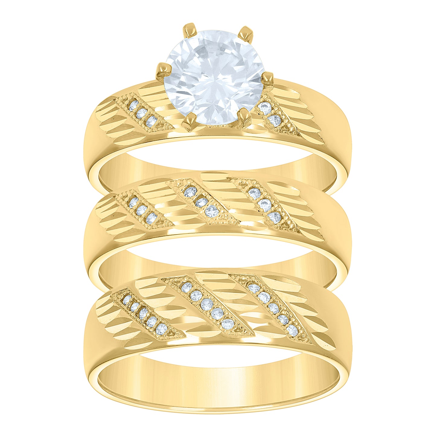 14K Gold Womens Two-Tone Diamond-Cut Cubic-Zirconia Trio His Hers Diagonal Center Stone Wedding Bridal Set Ring