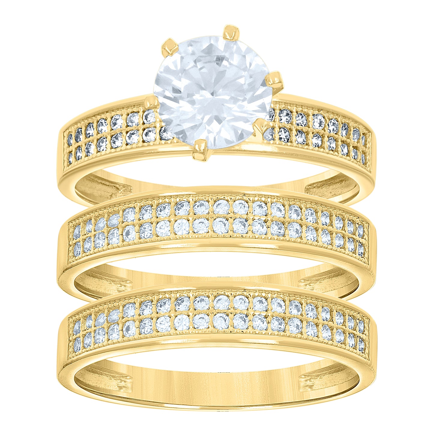 14K Gold Womens Two-Tone Cubic-Zirconia Trio His Hers Center Stone White Wedding Engagement Bridal Set Ring