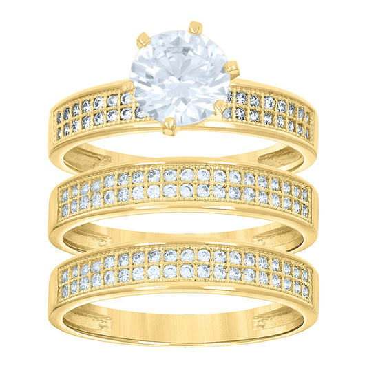 14K Gold Womens Two-Tone Cubic-Zirconia Trio His Hers Center Stone White Wedding Engagement Bridal Set Ring