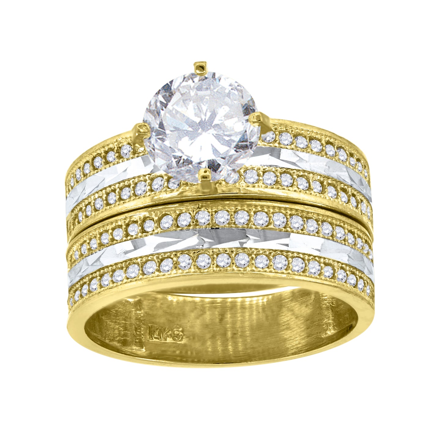 14K Gold Womens Two-Tone Diamond-Cut Cubic-Zirconia Lined Trio His Hers Center Stone Wedding Engagement Bridal Set Ring