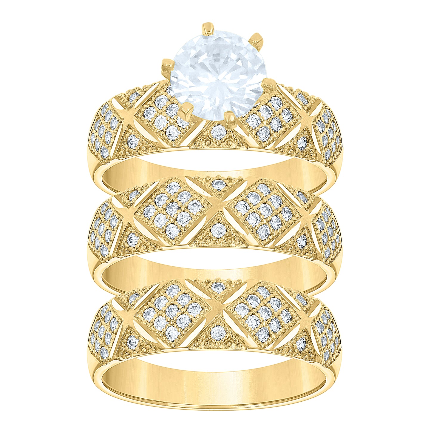 14K Gold Womens Two-Tone Diamond-Cut Cubic-Zirconia Trio His Hers Center Stone White Wedding Engagement Bridal Set Ring