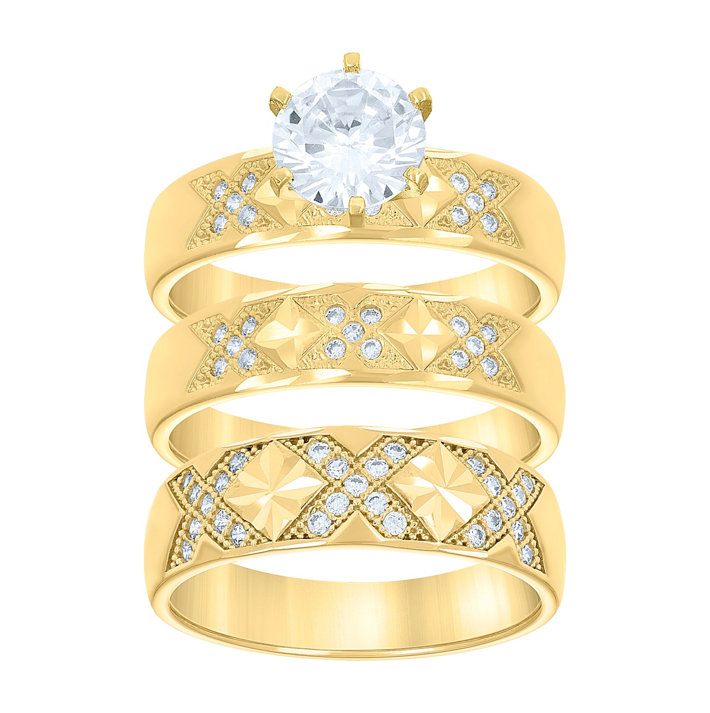 14K Gold Two-Tone Womens Diamond-Cut Cubic-Zirconia Trio His Hers Center Stone White Wedding Engagement Bridal Set Ring