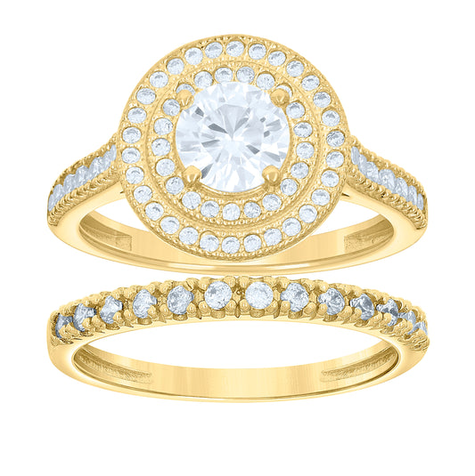 14K Gold Womens Two-Tone Cubic-Zirconia Duo Halo Center Stone Size 7 Wedding Engagement Bridal Set Ring