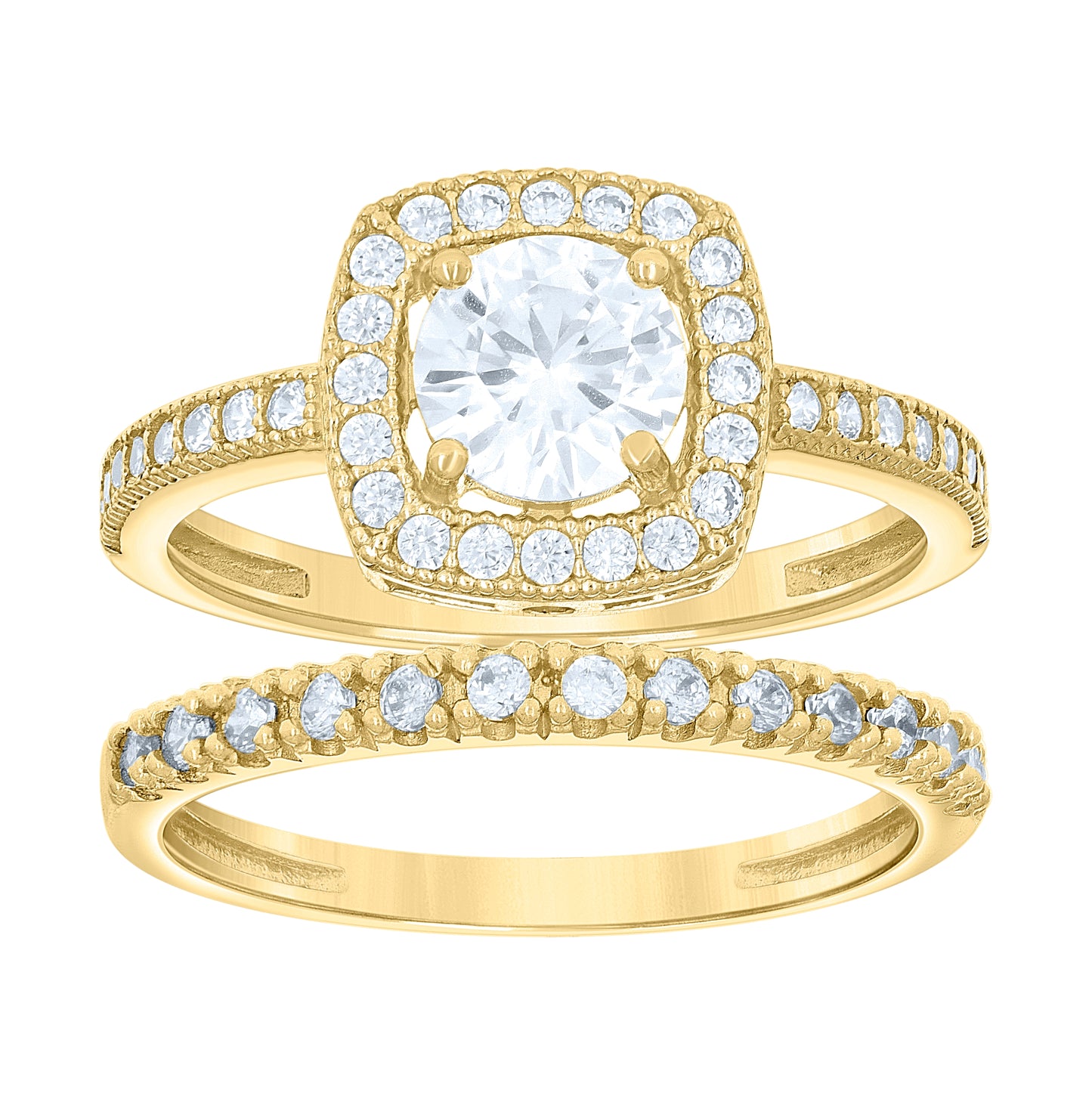 14K Gold Womens Two-Tone Cubic-Zirconia Duo Square Head Center Stone Size 7 Wedding Engagement Bridal Set Ring