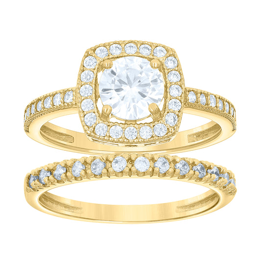 14K Gold Womens Two-Tone Cubic-Zirconia Duo Square Head Center Stone Size 7 Wedding Engagement Bridal Set Ring