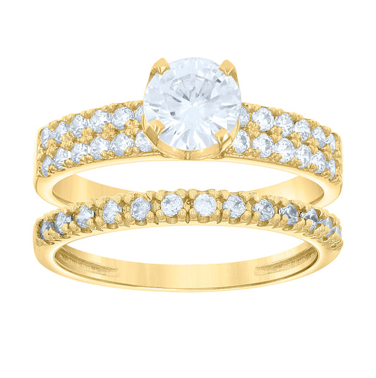 14K Gold Womens Two-Tone Cubic-Zirconia Duo Three Center Stone White Size 7 Wedding Engagement Bridal Set Band Ring