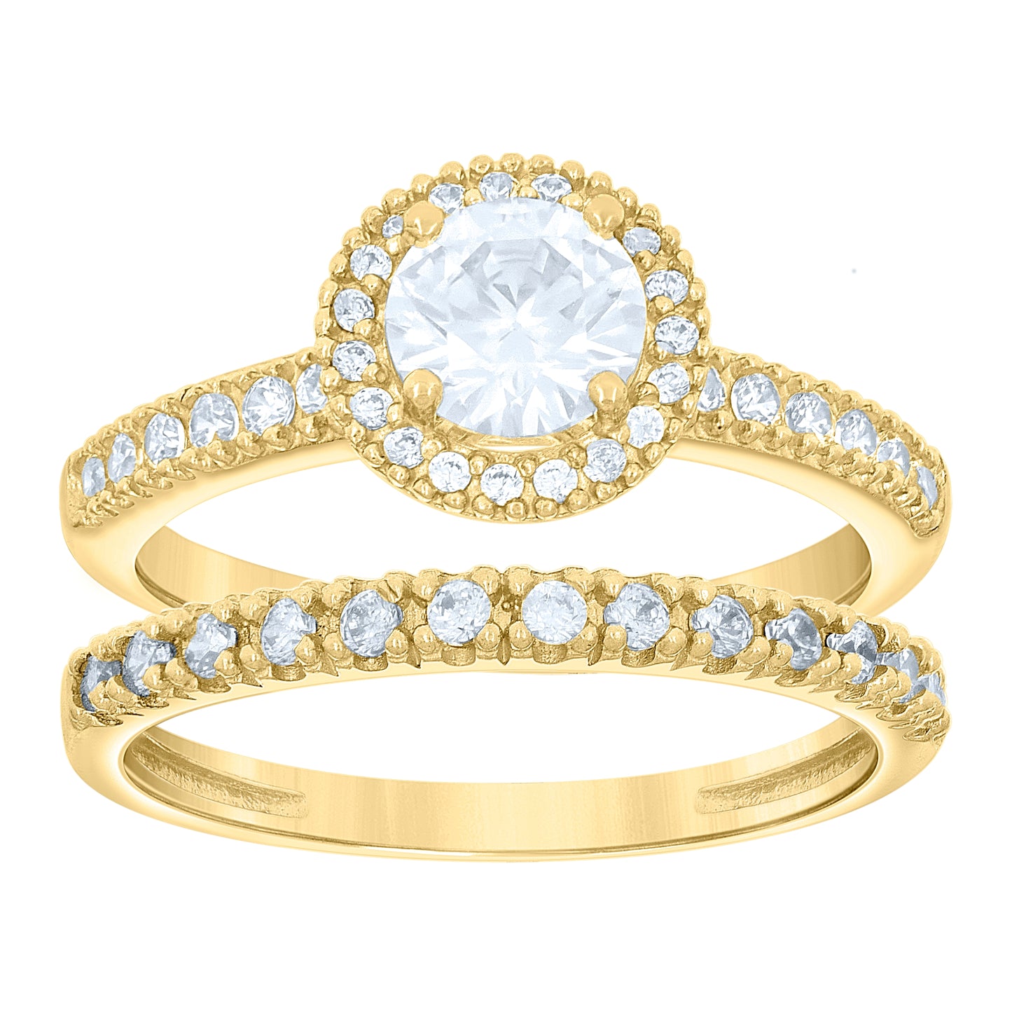 14K Two-Tone Gold Womens Cubic-Zirconia Duo Round Head Center Stone White Size 7 Wedding Engagement Bridal Set Band Ring