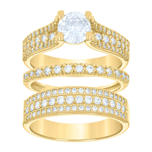 14K Gold Womens Two-Tone Cubic-Zirconia Trio His Hers Center Stone Princess-Cut Wedding Bridal Set Band Ring