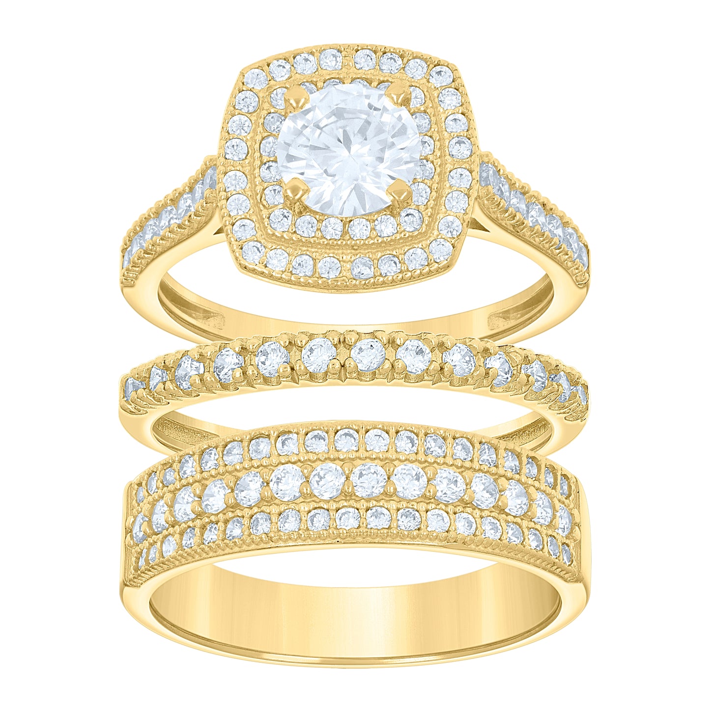 14K Gold Womens Two-Tone Cubic-Zirconia Trio His Hers Square Halo Wedding Engagement Bridal Set Ring