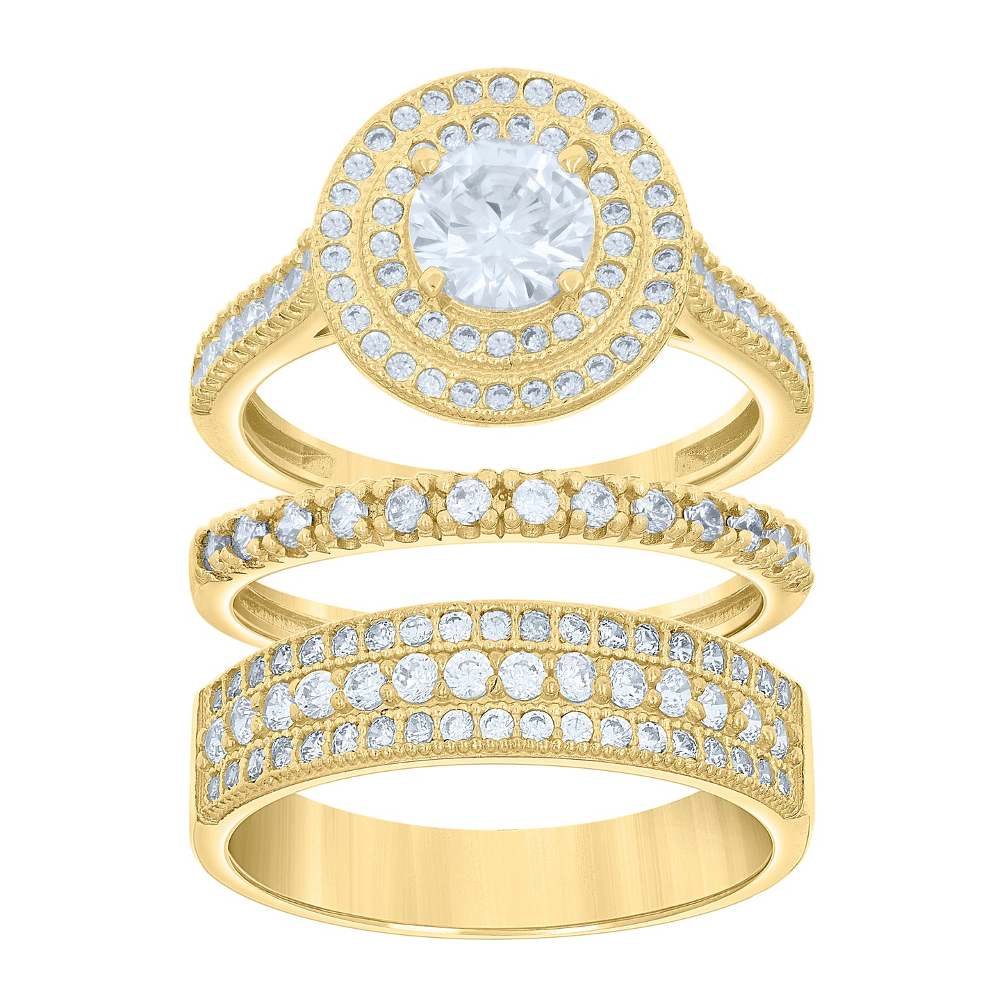 14K Gold Womens Two-Tone Trio His Hers Round Halo Wedding Engagement Bridal Set Band Ring
