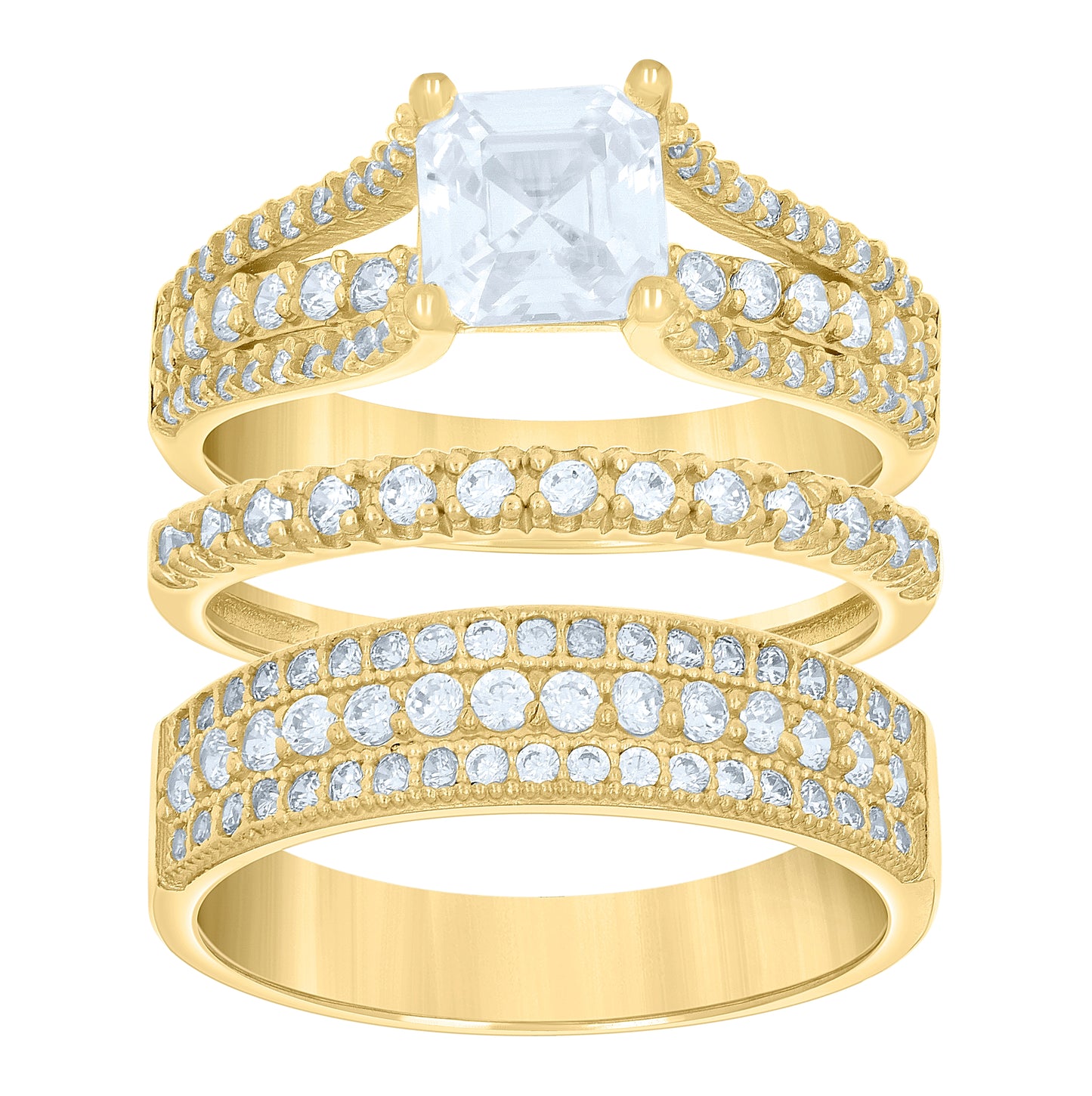 14K Gold Womens Two-Tone Cubic-Zirconia Trio His Hers Center Stone Princess-Cut Wedding Bridal Set Ring