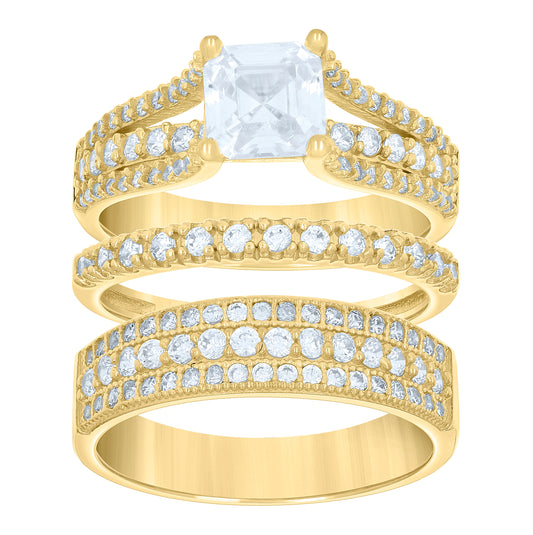14K Gold Womens Two-Tone Cubic-Zirconia Trio His Hers Center Stone Princess-Cut Wedding Bridal Set Ring