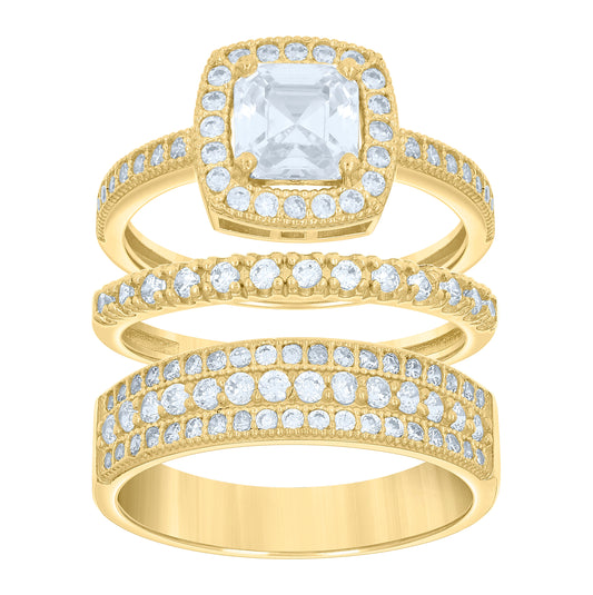 14K Two-Tone Gold Womens Round And Princess Cubic Zirconia Square Head Halo Bridal Ring Set