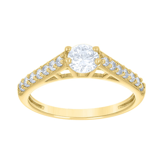 14K Gold Womens Two-Tone Cubic-Zirconia Center Stone Round Wedding Engagement Band Ring