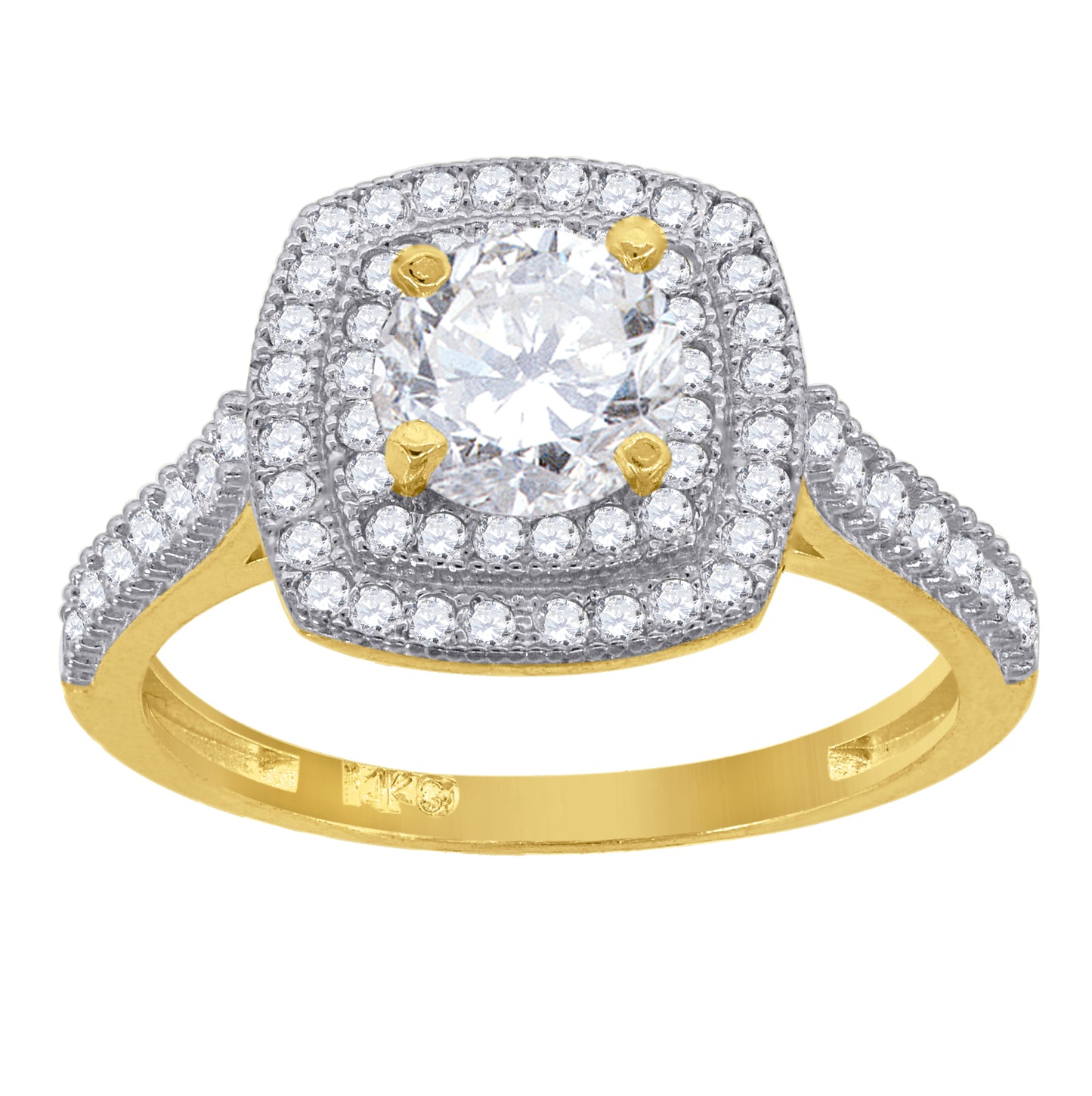 14K Gold Womens Two-Tone Cubic-Zirconia Double Square Halo Center White Stone Wedding Engagement Band Ring