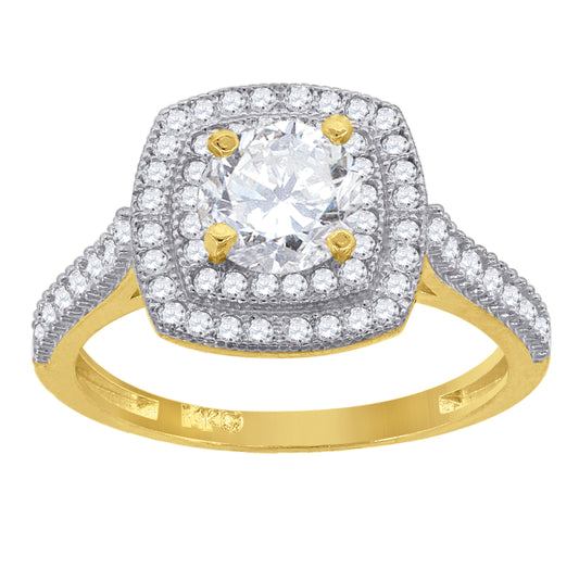 14K Gold Womens Two-Tone Cubic-Zirconia Double Square Halo Center White Stone Wedding Engagement Band Ring