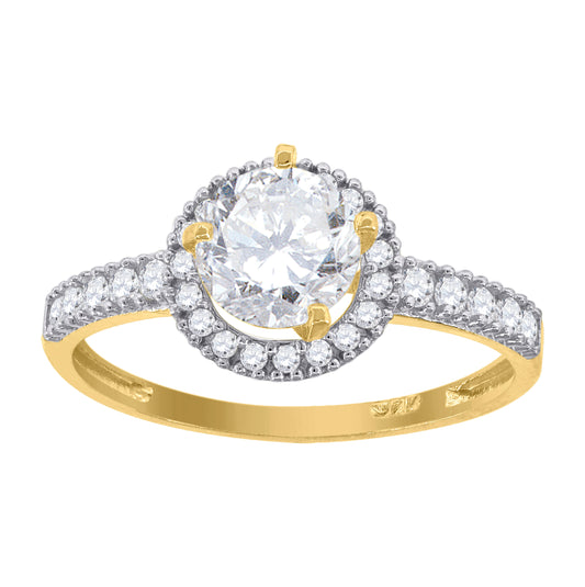 14K Gold Womens Two-Tone Cubic-Zirconia Halo Round Center Stone White Wedding Engagement Band Ring