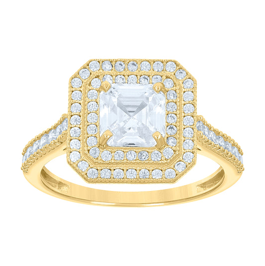 14K Two-Tone Gold Womens Round And Princess Cubic Zirconia Square Head Halo Engagement Ring
