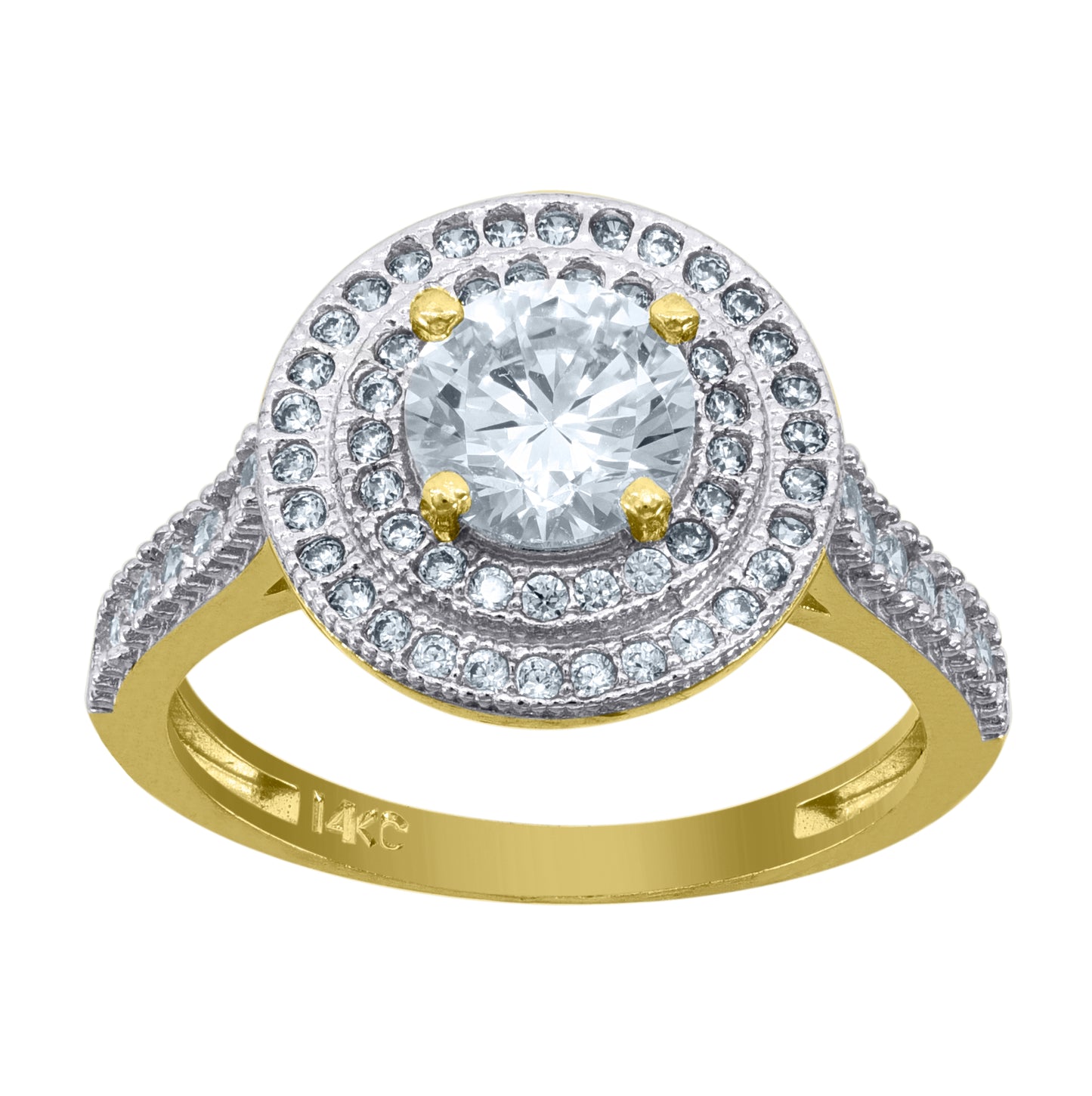 14K Gold Womens Two-Tone Cubic-Zirconia Double Round Halo Center White Stone Wedding Engagement Band Ring