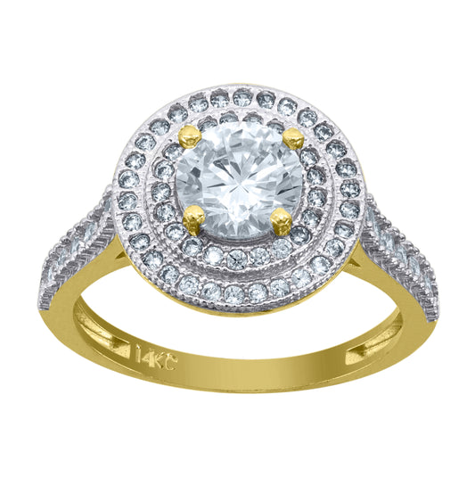 14K Gold Womens Two-Tone Cubic-Zirconia Double Round Halo Center White Stone Wedding Engagement Band Ring