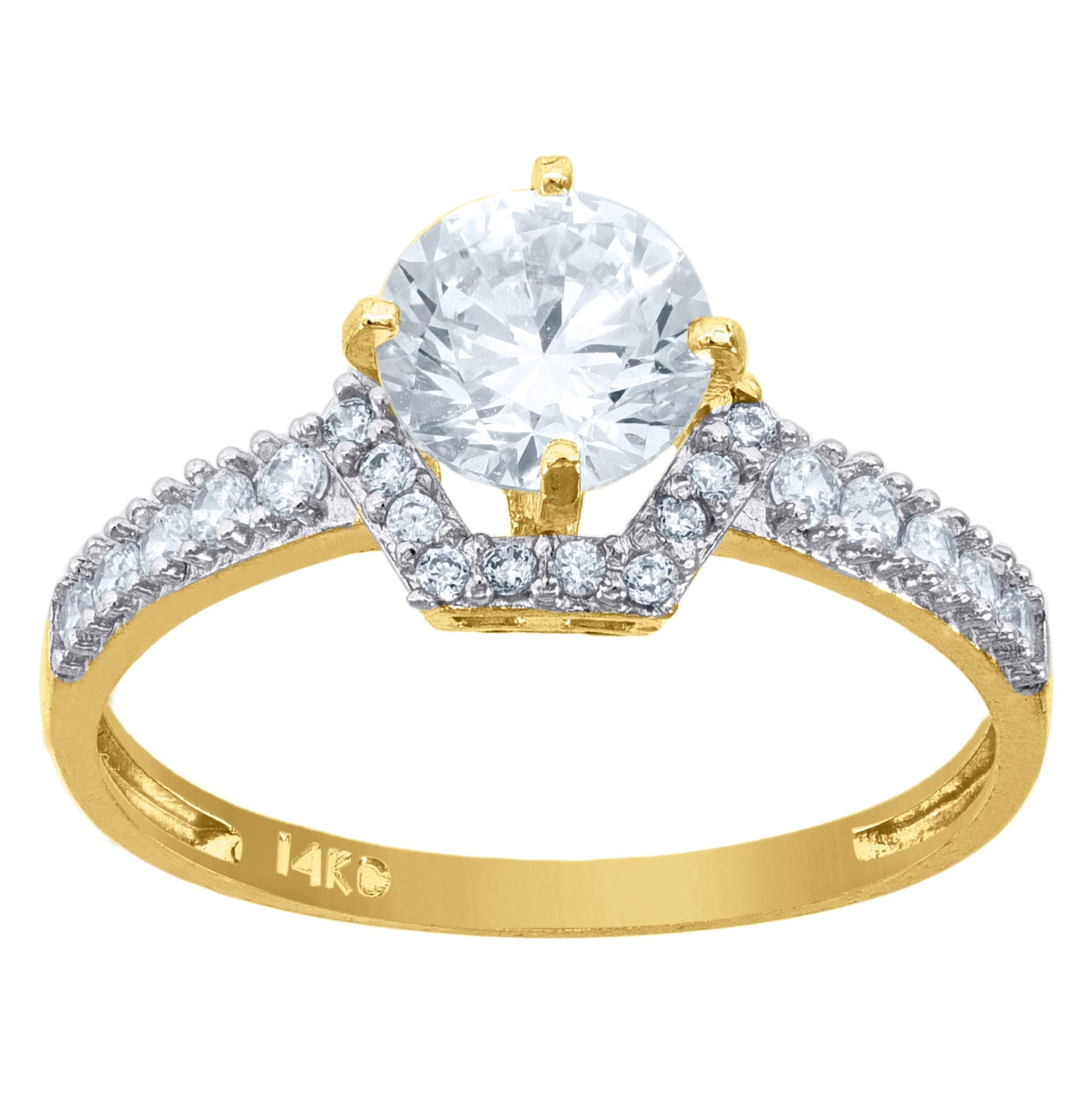 14K Gold Womens Two-Tone Cubic-Zirconia Center Round-Cut Stone Wedding Engagement Band Ring
