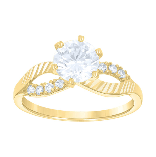 14K Gold Womens Two-Tone Cubic-Zirconia Diamond-Cut Loop Center Round-Cut Stone Wedding Engagement Band Ring