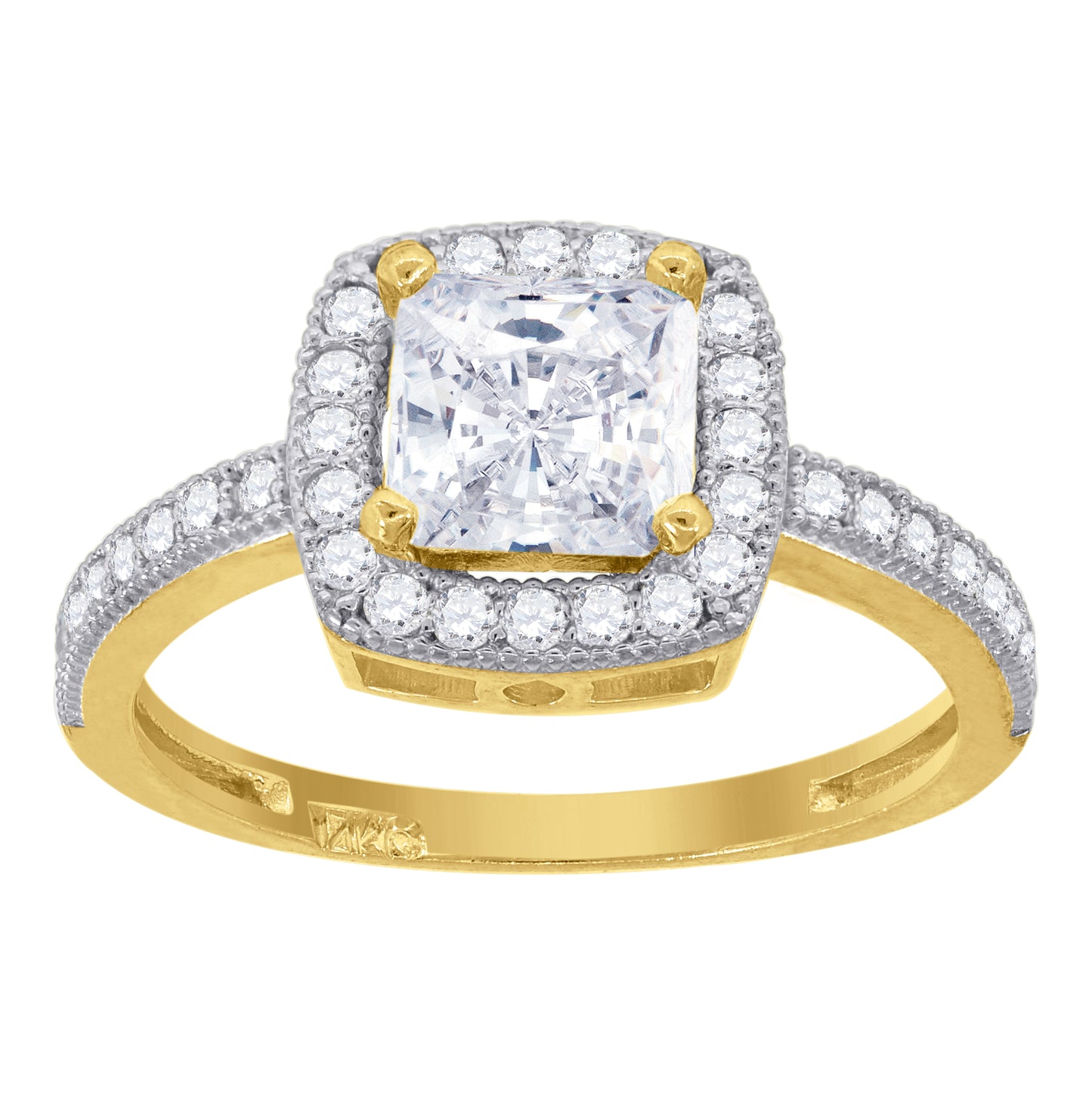 14K Gold Womens Two-Tone Cubic-Zirconia Square Halo Princess-Cut Center Wedding Engagement Band Ring