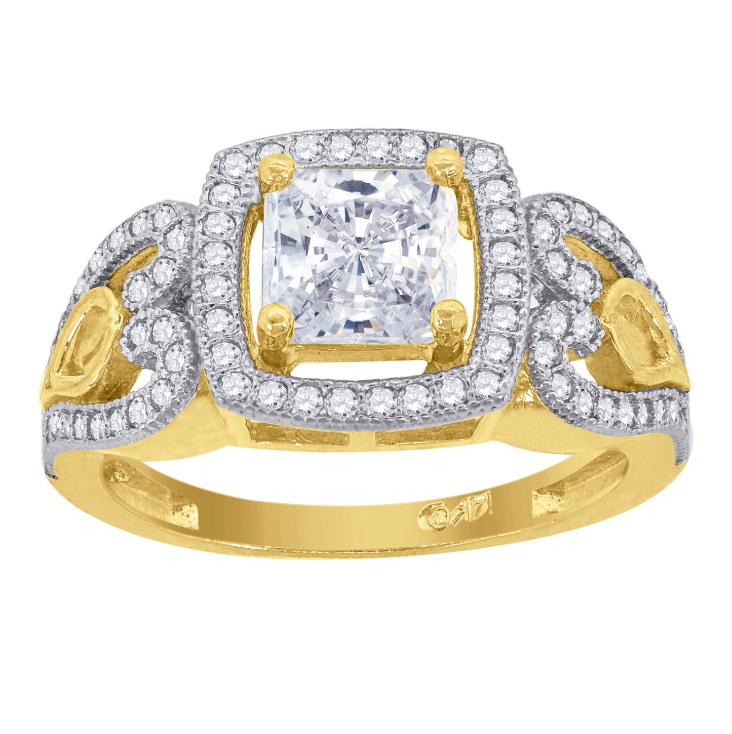 14K Gold Womens Two-Tone Cubic-Zirconia Square Halo Center Side Hearts Wedding Engagement Band Ring