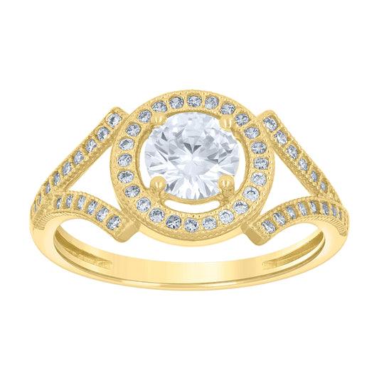 14K Gold Womens Two-Tone Cubic-Zirconia Center Round Halo Wedding Engagement Band Ring