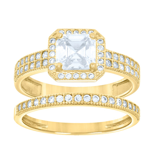 14K Gold Womens Two-Tone Cubic-Zirconia Duo Center Princess-Cut Wedding Bridal Set Band Ring