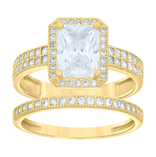 14K Gold Womens Two-Tone Cubic-Zirconia Duo Emerald-Cut Center Stone Wedding Bridal Set Band Ring