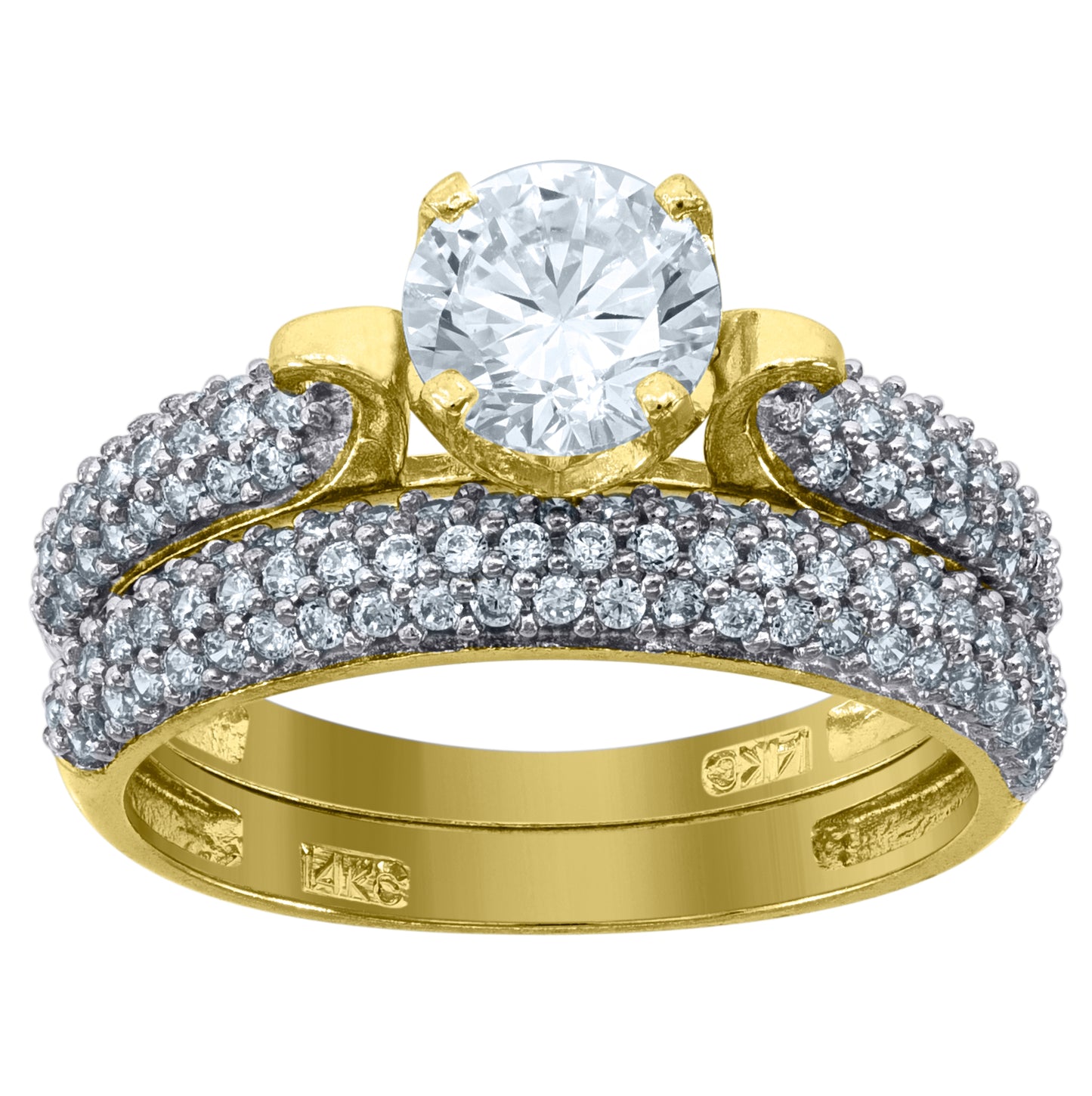 14K Gold Womens Two-Tone Cubic-Zirconia Duo Cluster Center Stone Round Wedding Bridal Set Band Ring
