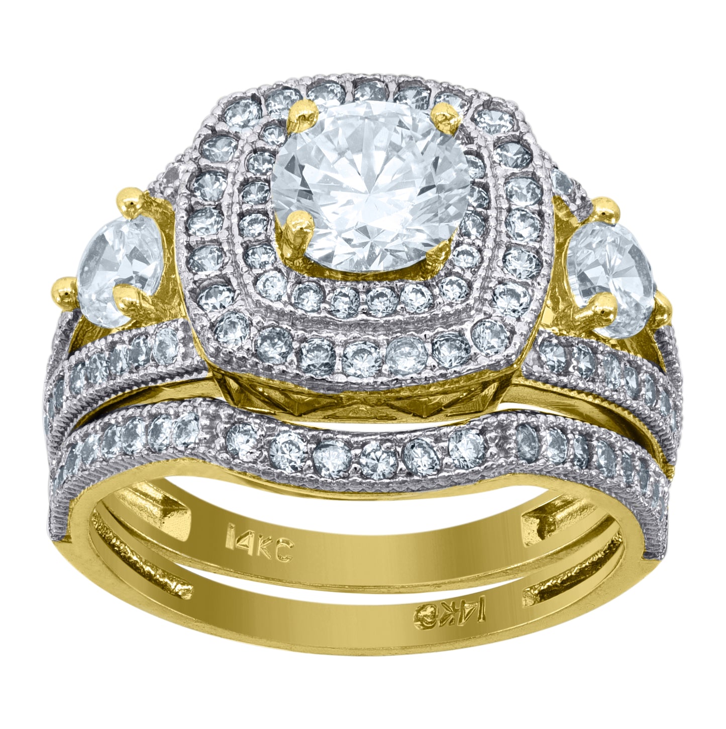 14K Gold Womens Two-Tone Cubic-Zirconia Duo Cluster Center Square Wedding Bridal Set Band Ring