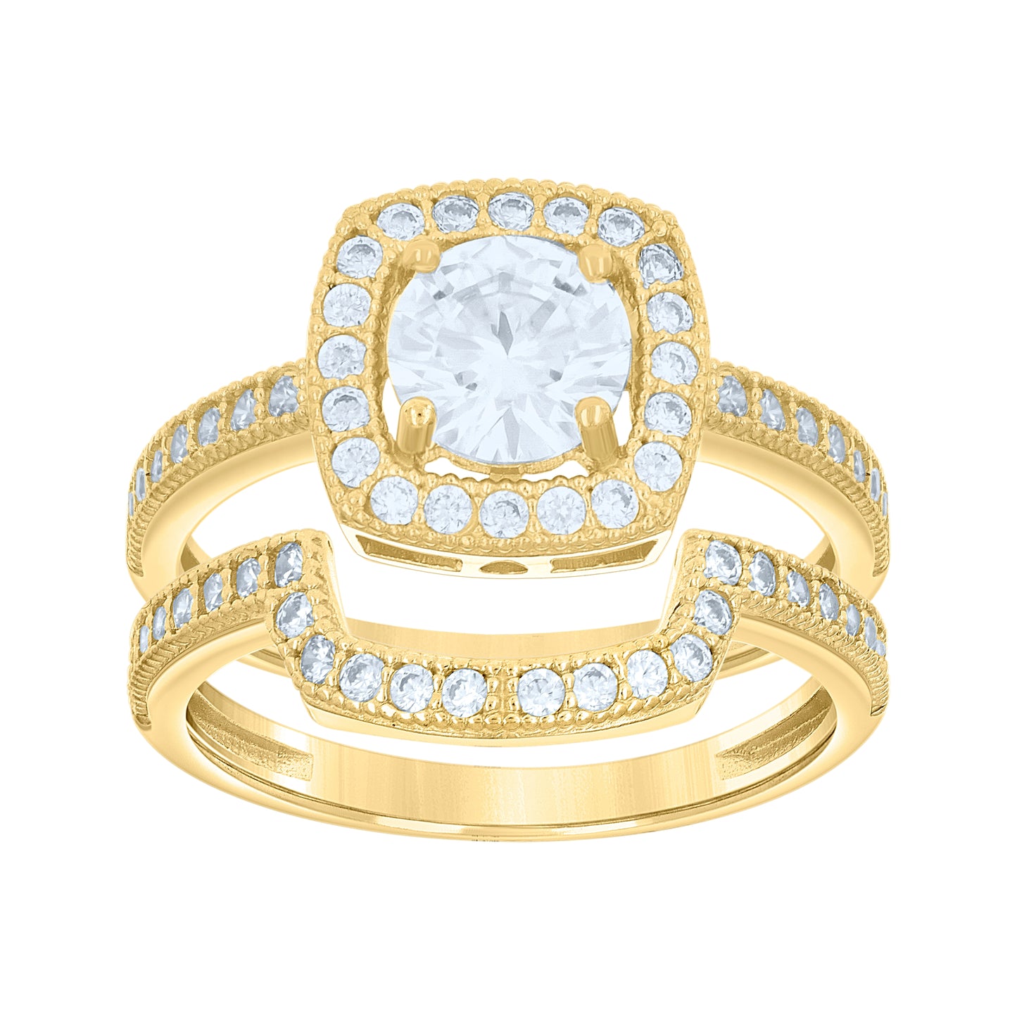 14K Gold Womens Two-Tone Cubic-Zirconia Duo Center Square Wedding Bridal Set Band Ring