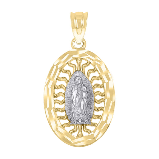 14K Gold Unisex Two-Tone Diamond-Cut Guadalupe Mary Oval Ht:25.4Mm Religious Pendant Charm