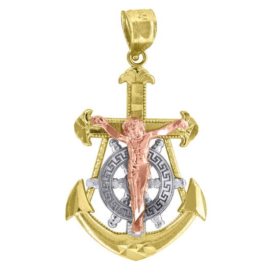 14K Gold Unisex Tri-Color Anchor Cross Crucifix Religious Ht:32Mm Pendant Charm