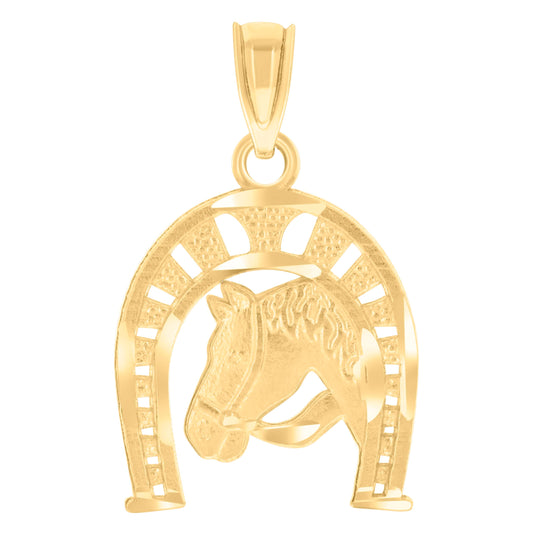 14K Yellow Gold Unisex Diamond-Cut Horse Shoe Animal Ht:21.5Mm Good Luck Pendant Charm