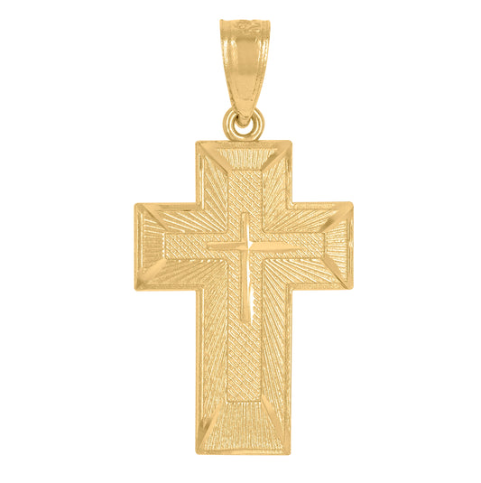 14K Yellow Gold Unisex Diamond-Cut Cross Ht:24.4Mm Religious Pendant Charm