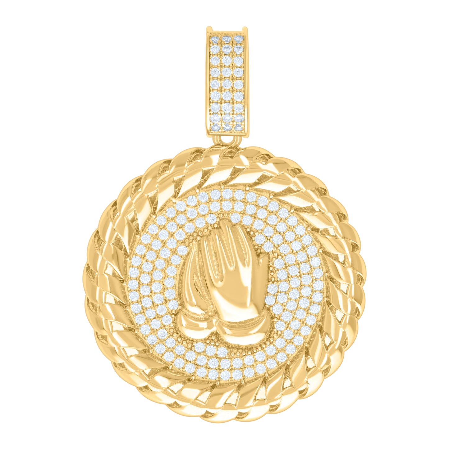 Yellow-Tone Sterling Silver Mens Round Cubic Zirconia Charm Cluster Praying Hand Fashion Charm Pendant