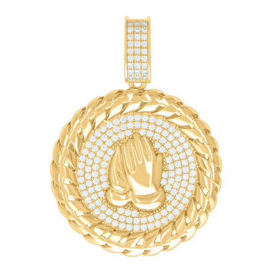 Yellow-Tone Sterling Silver Mens Round Cubic Zirconia Charm Cluster Praying Hand Fashion Charm Pendant