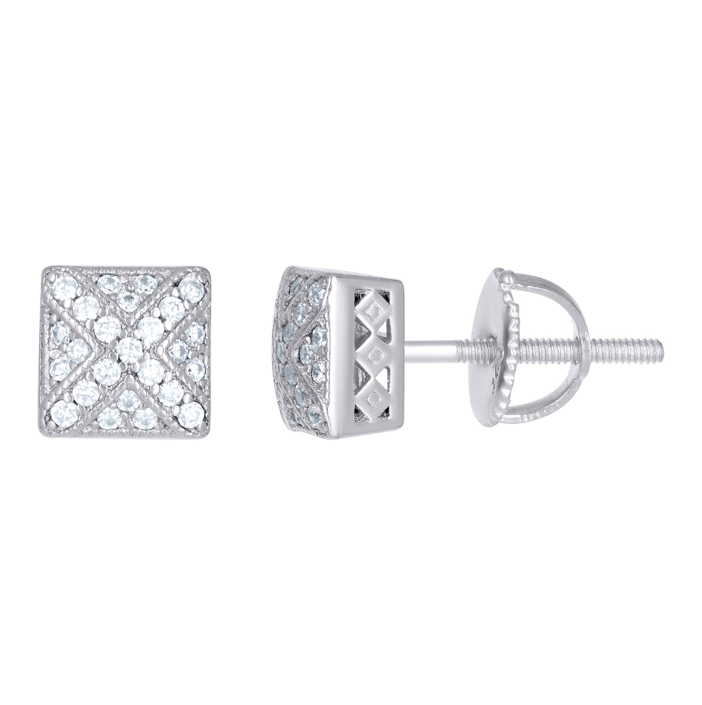 Sterling Silver Or Yellow-Tone Unisex Cubic-Zirconia Square Fashion Stud Earrings