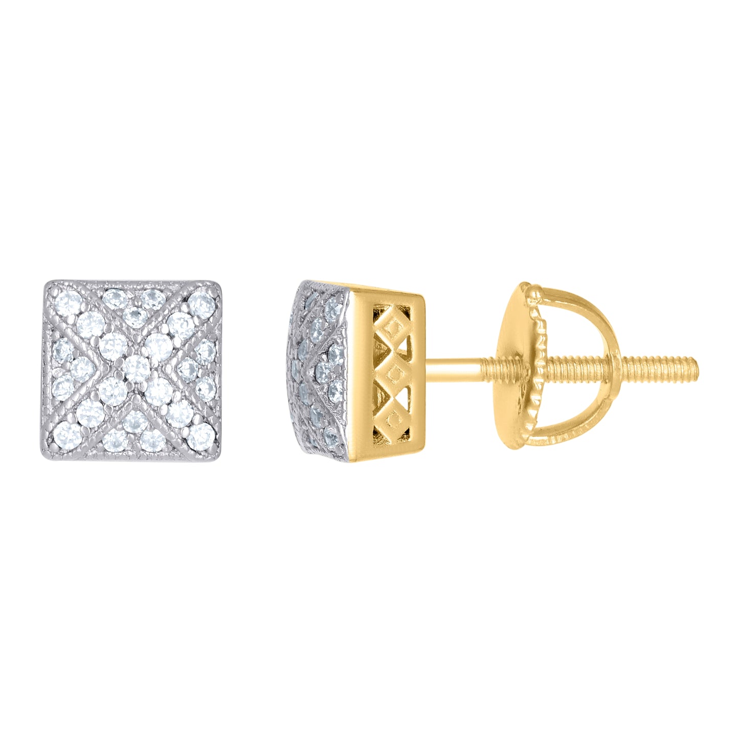 Sterling Silver Or Yellow-Tone Unisex Cubic-Zirconia Square Fashion Stud Earrings